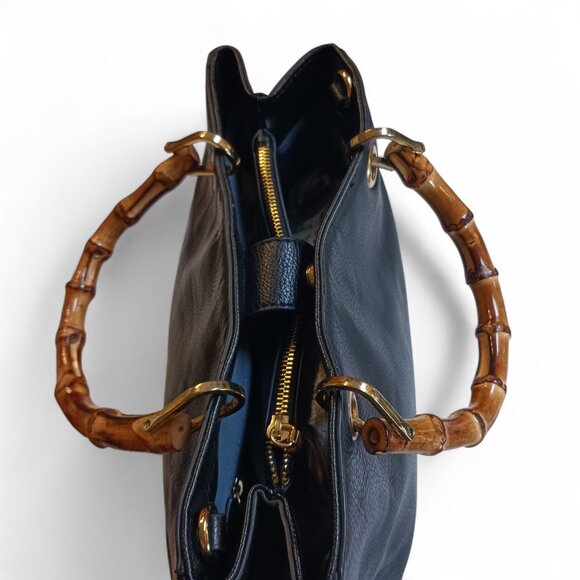 Emma Fox Black Pebbled Leather Handbag Bamboo Handles Removable Crossbody Strap - Picture 12 of 13